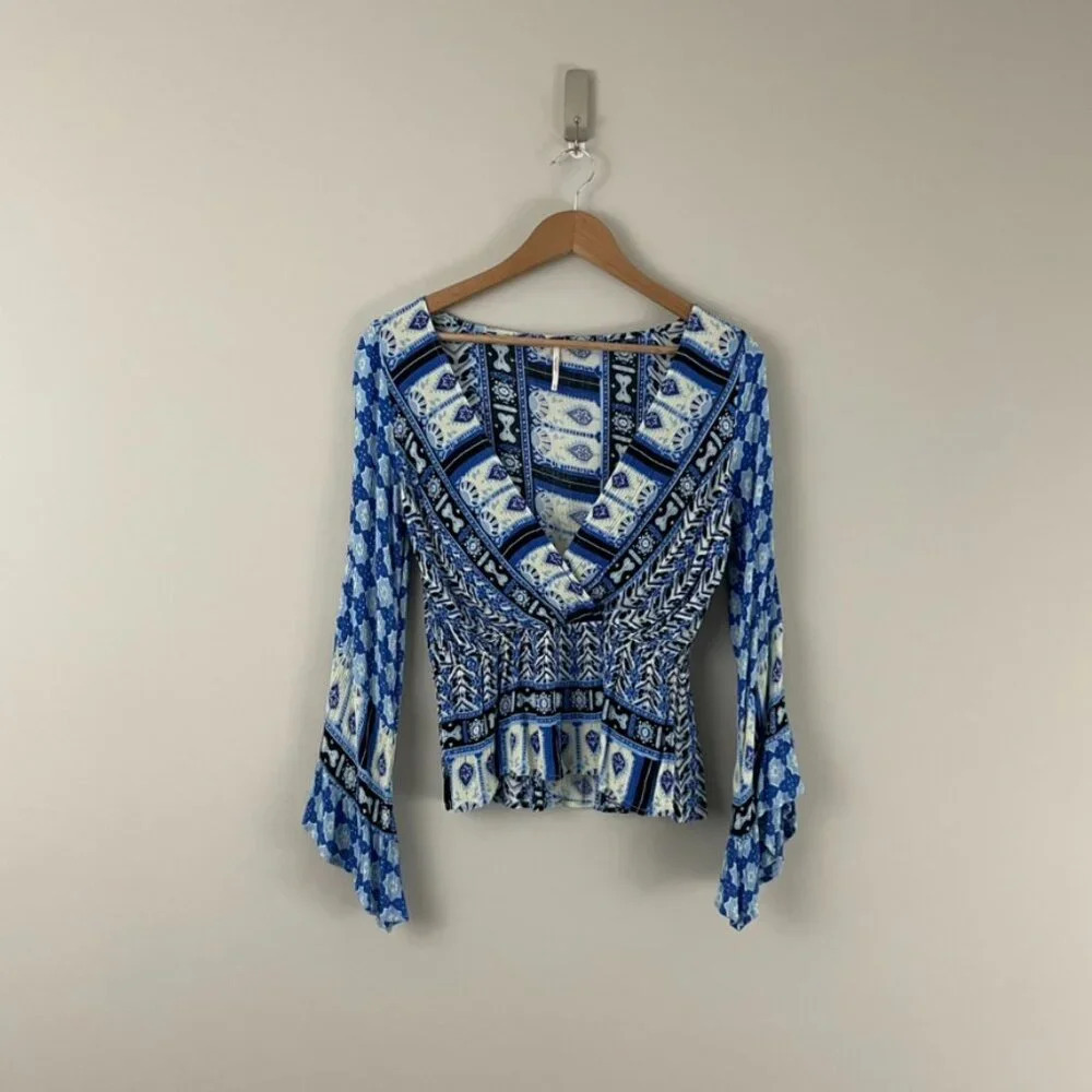 Free People Rosalie Printed Long Sleeve Wrap Top in Indigo Size XS